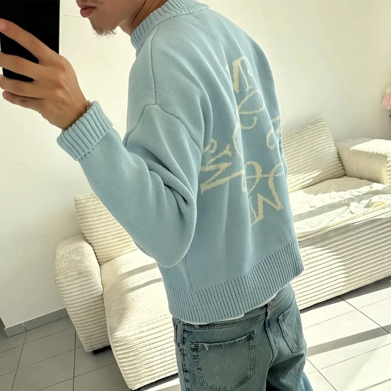 Mens Fashion Jumpers - Y2K Harajuku Knit Sky Blue Sweater