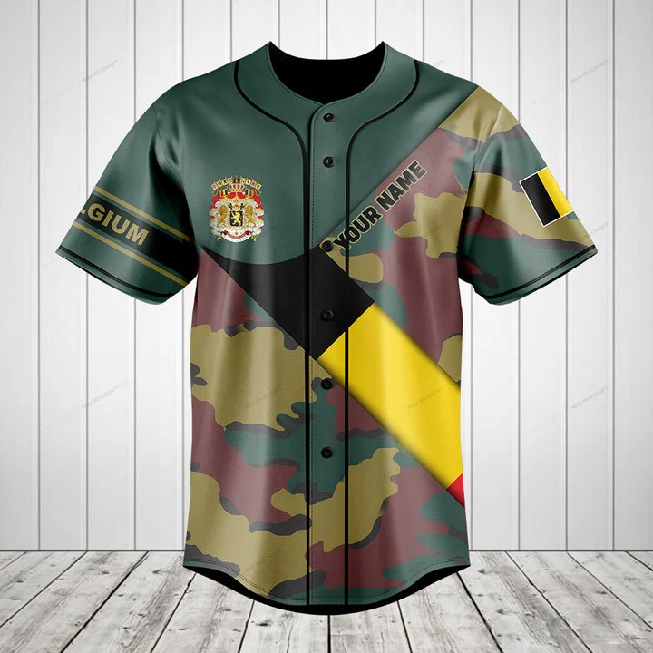 Mens Fashion Baseball Jersey - Custom Name Belgium Flag Camouflage Graphic