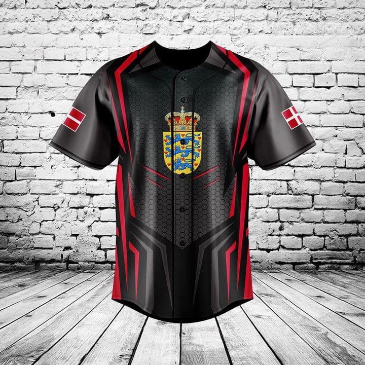Mens Fashion Baseball Jersey - Custom Name Denmark Flag Graphic Button